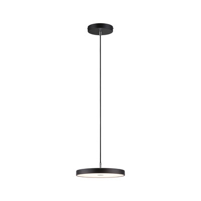 Black metal LED pendant light with round flat design for modern interior lighting.