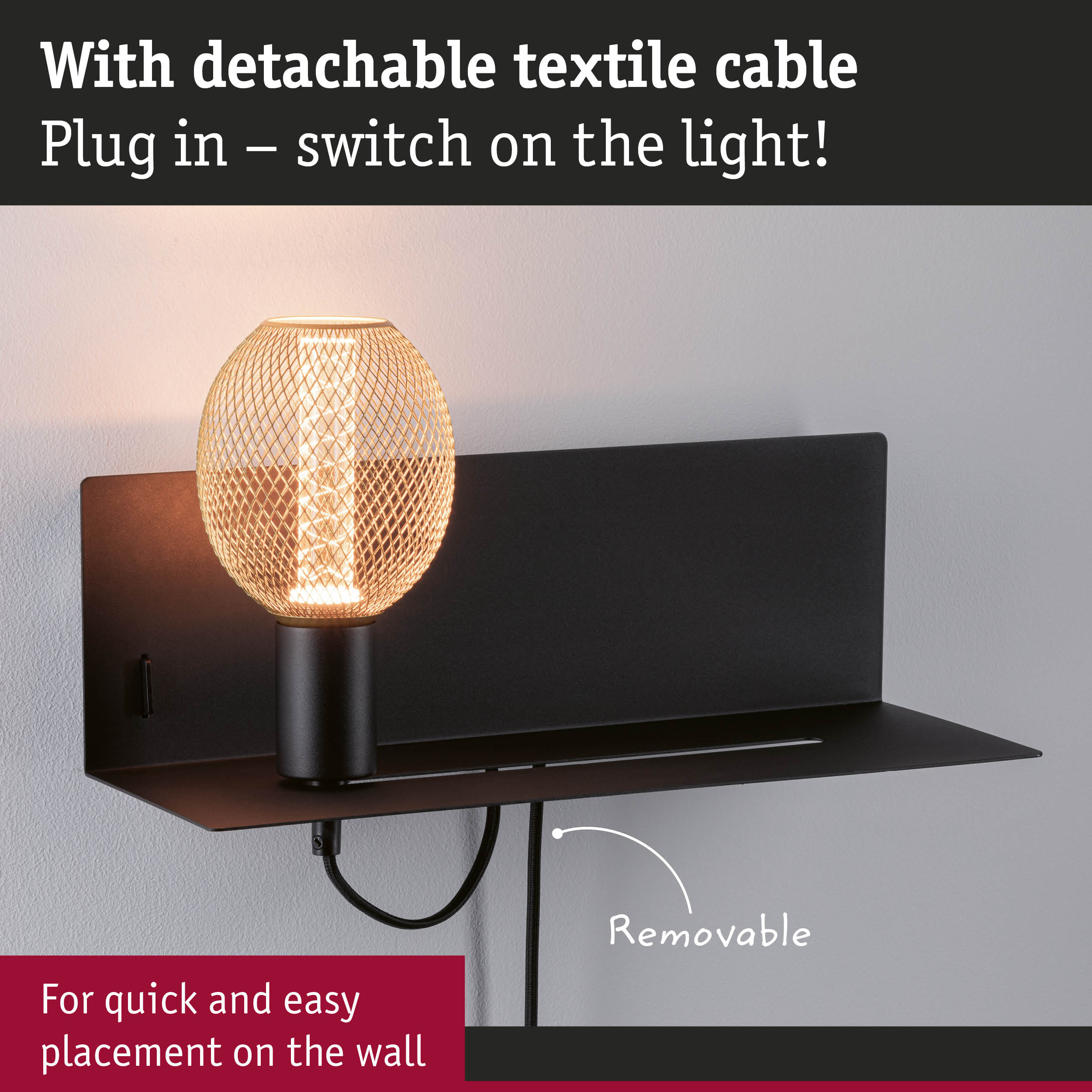 Black wall lamp with detachable textile cable and warm LED light for easy wall mounting