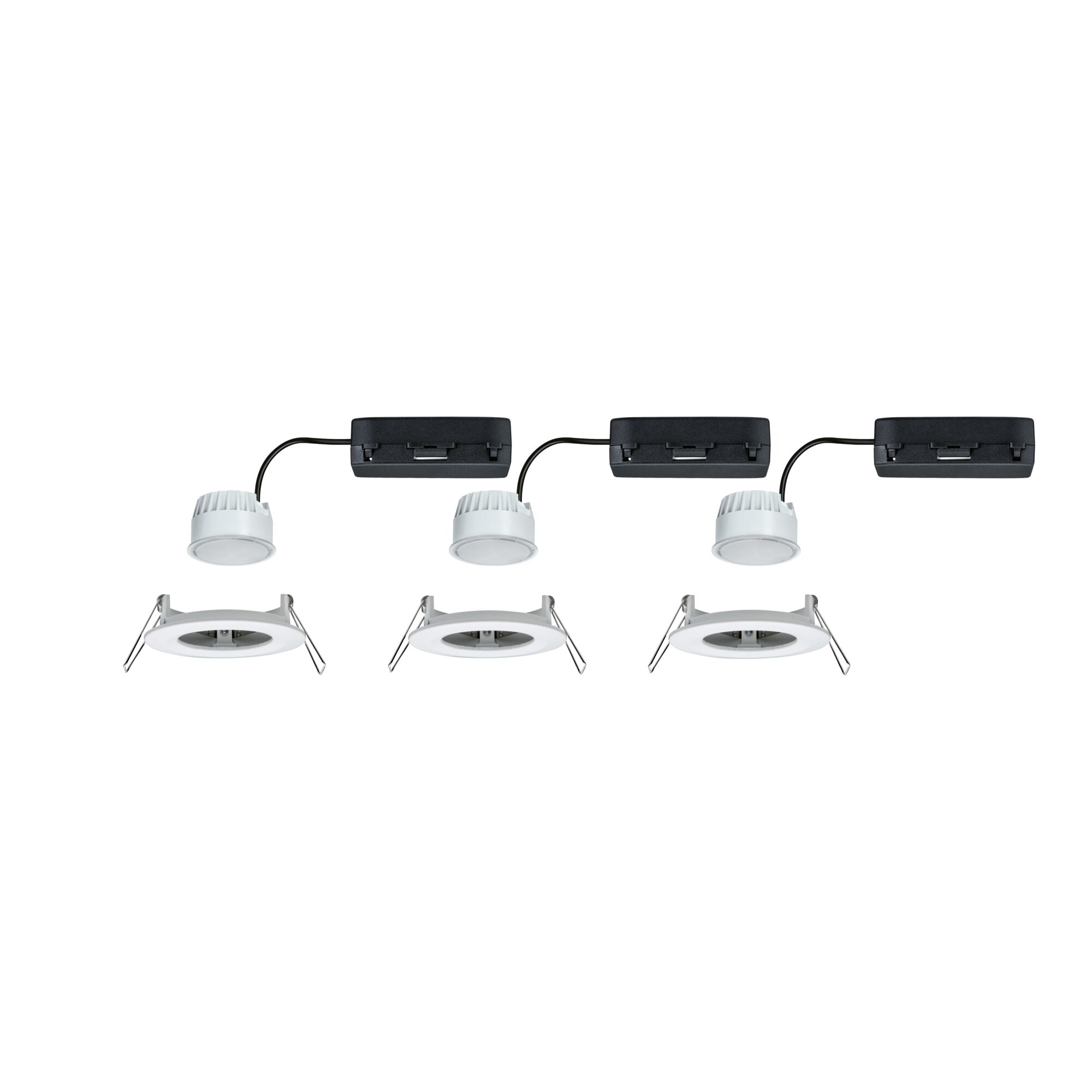 Three white LED recessed spotlights with black connection box and springs for ceiling installation, energy-saving