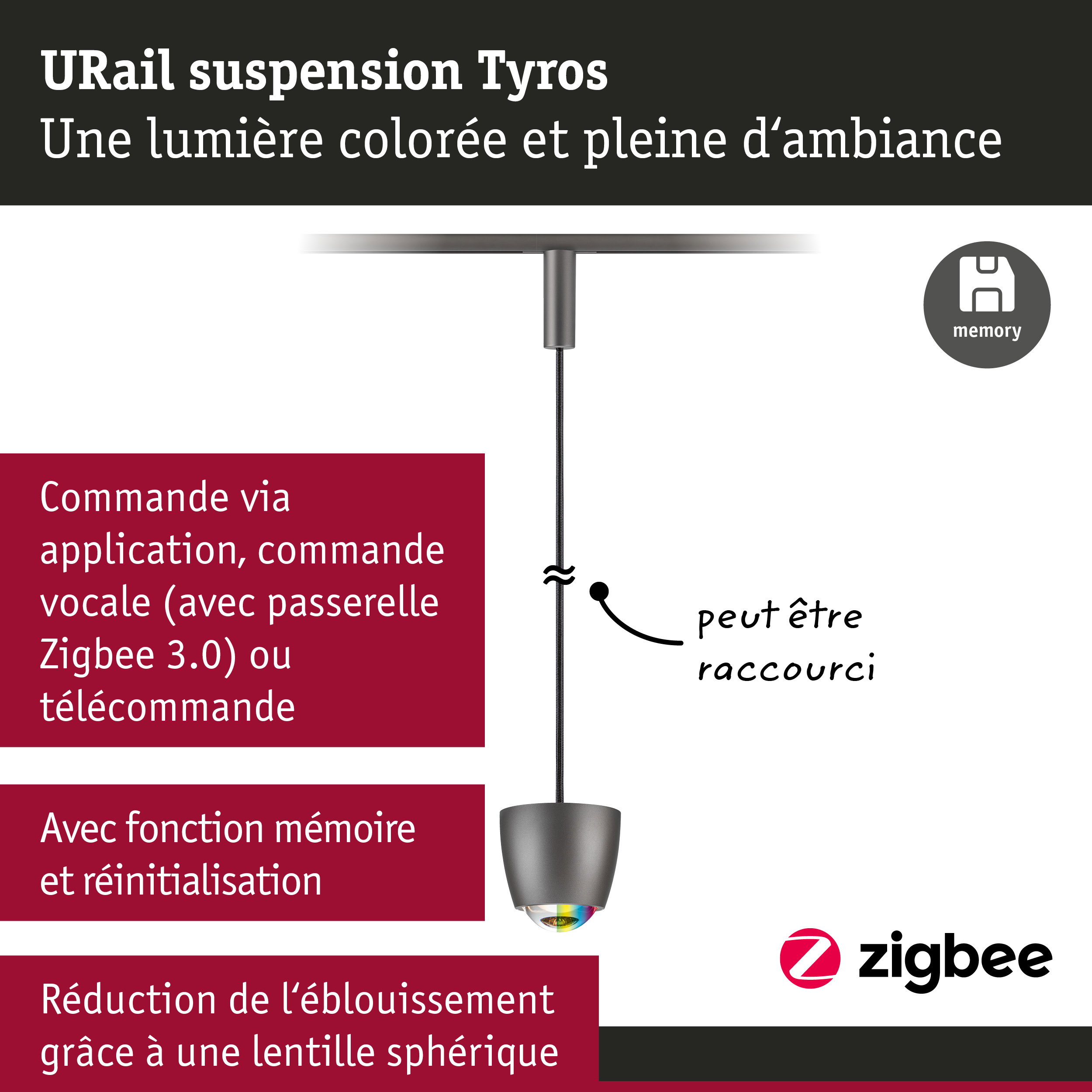URail Suspension Smart Home Zigbee 3.0 Tyros RGBW 200lm 4,5W RGBW+ gradable 230V Titanium