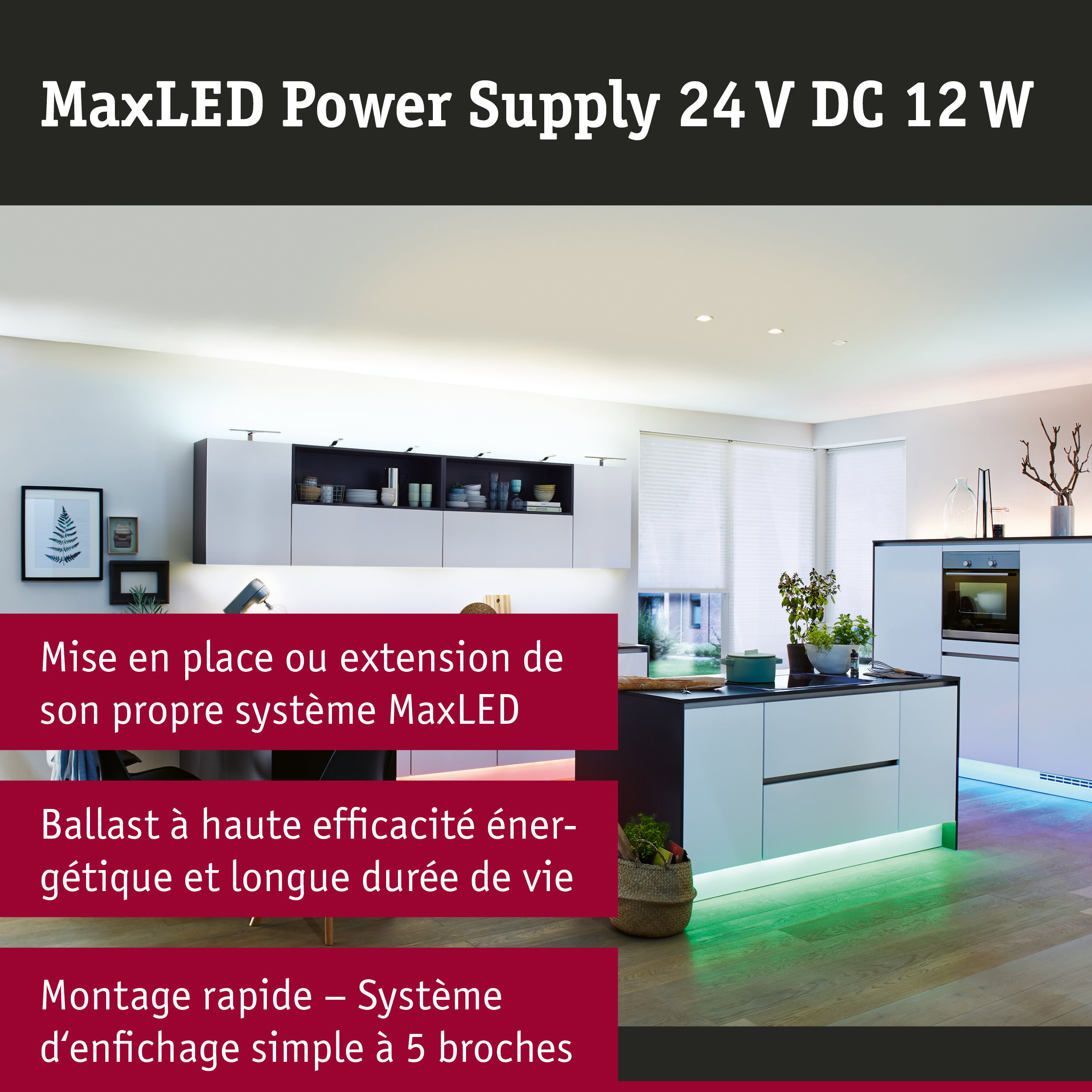 Cuisine moderne avec éclairage LED et alimentation MaxLED 24 V DC 12 W pour systèmes d'éclairage économes en énergie