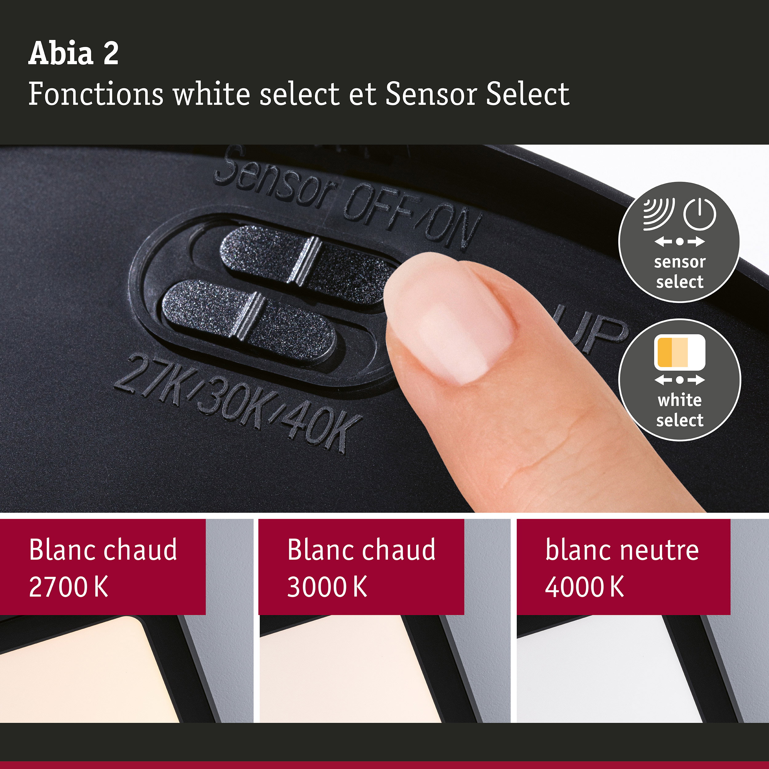 Panneau LED Abia 2 White Select Détecteur de mouvement crépusculaire (HF) carré 400x400mm 16W 1400lm White Select Noir