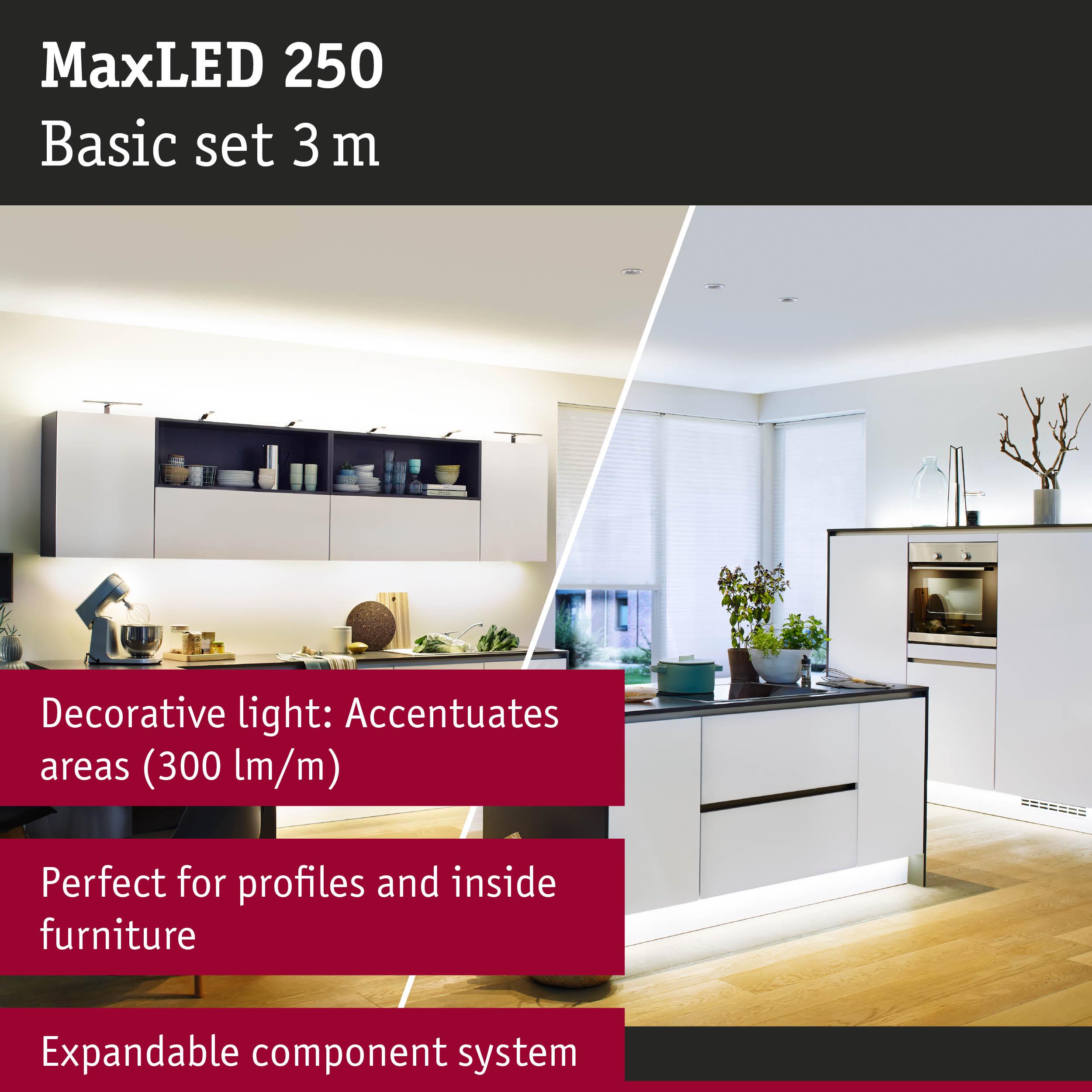 MaxLED 250 3m LED strip light for furniture and profiles, decorative white lighting in modern kitchen setting