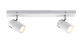 Modern white ceiling spotlight with two adjustable metal and plastic lamp heads for focused lighting.