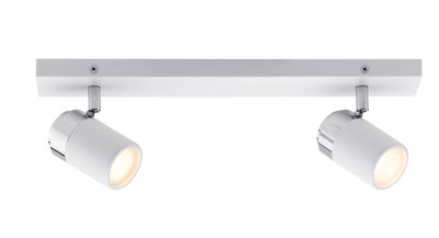 Modern white ceiling spotlight with two adjustable metal and plastic lamp heads for focused lighting.