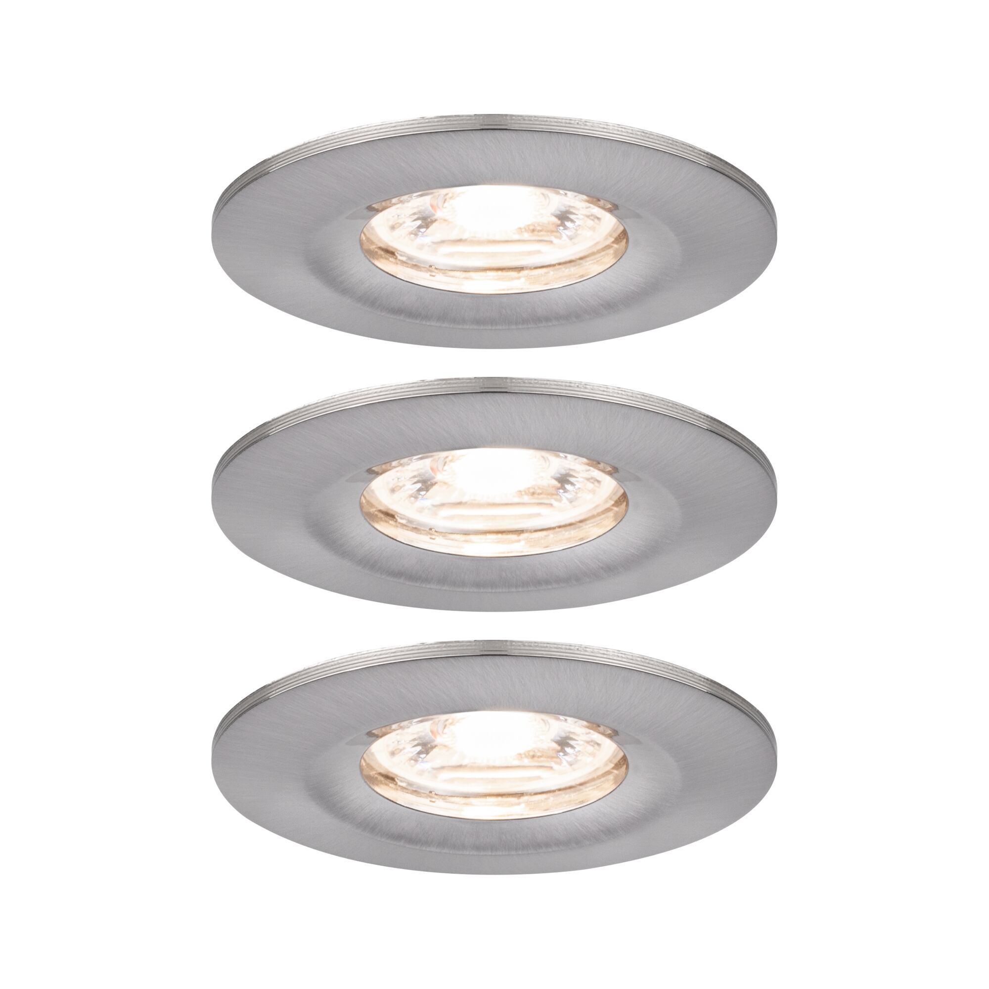 Three round recessed spotlights in brushed silver aluminum for modern LED lighting solutions