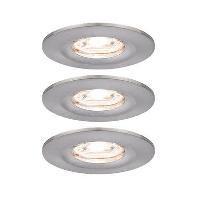 Three round recessed spotlights in brushed silver aluminum for modern LED lighting solutions