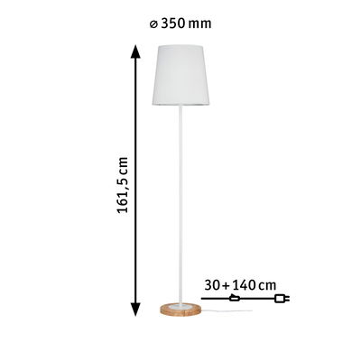 White fabric floor lamp with wooden base, 161.5 cm height, 350 mm diameter, 170 cm cable length