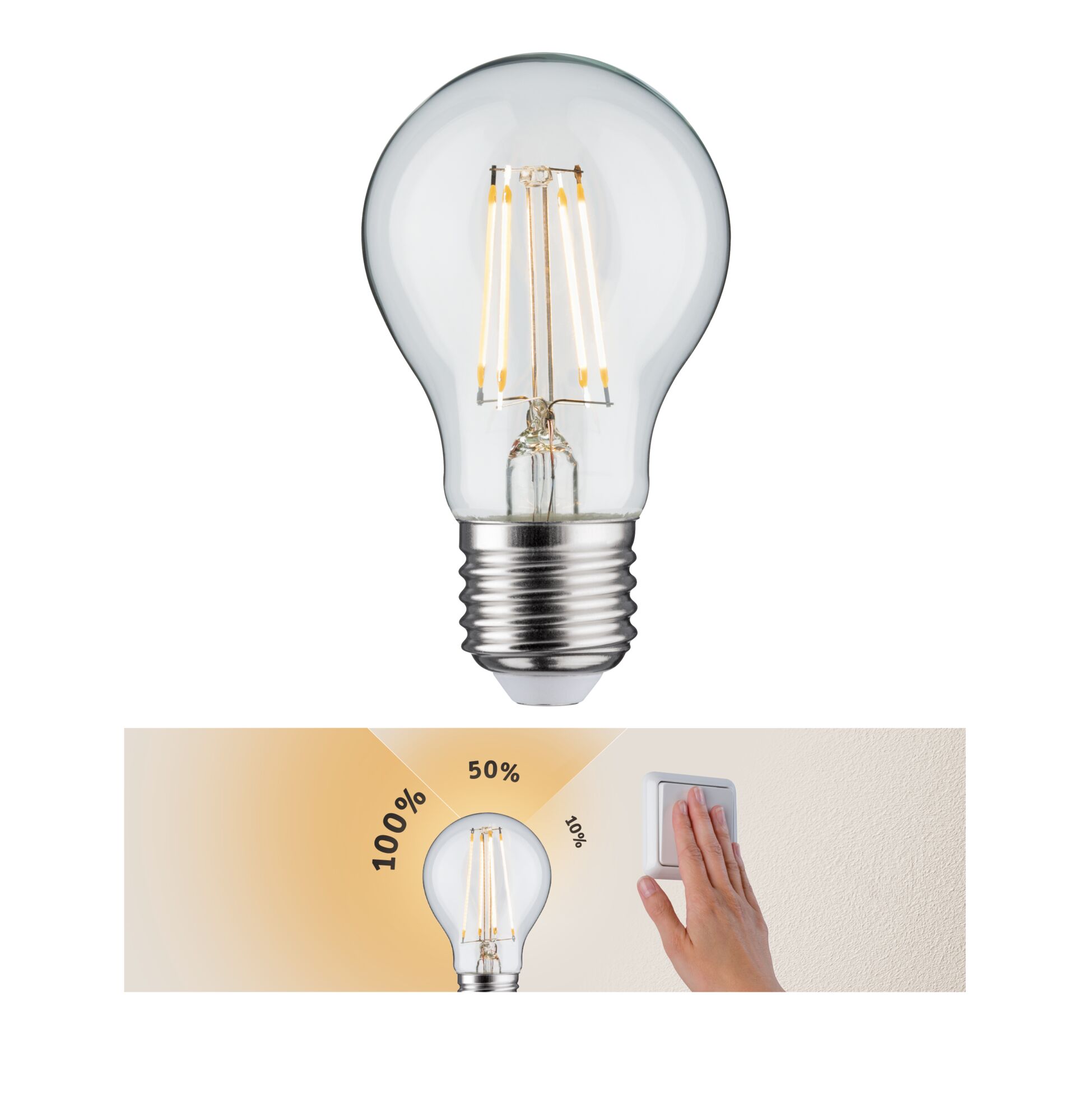 Dimmable LED light bulb with clear glass and E27 base, adjustable brightness from 10 to 100 percent