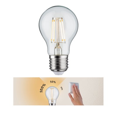 Dimmable LED light bulb with clear glass and E27 base, adjustable brightness from 10 to 100 percent