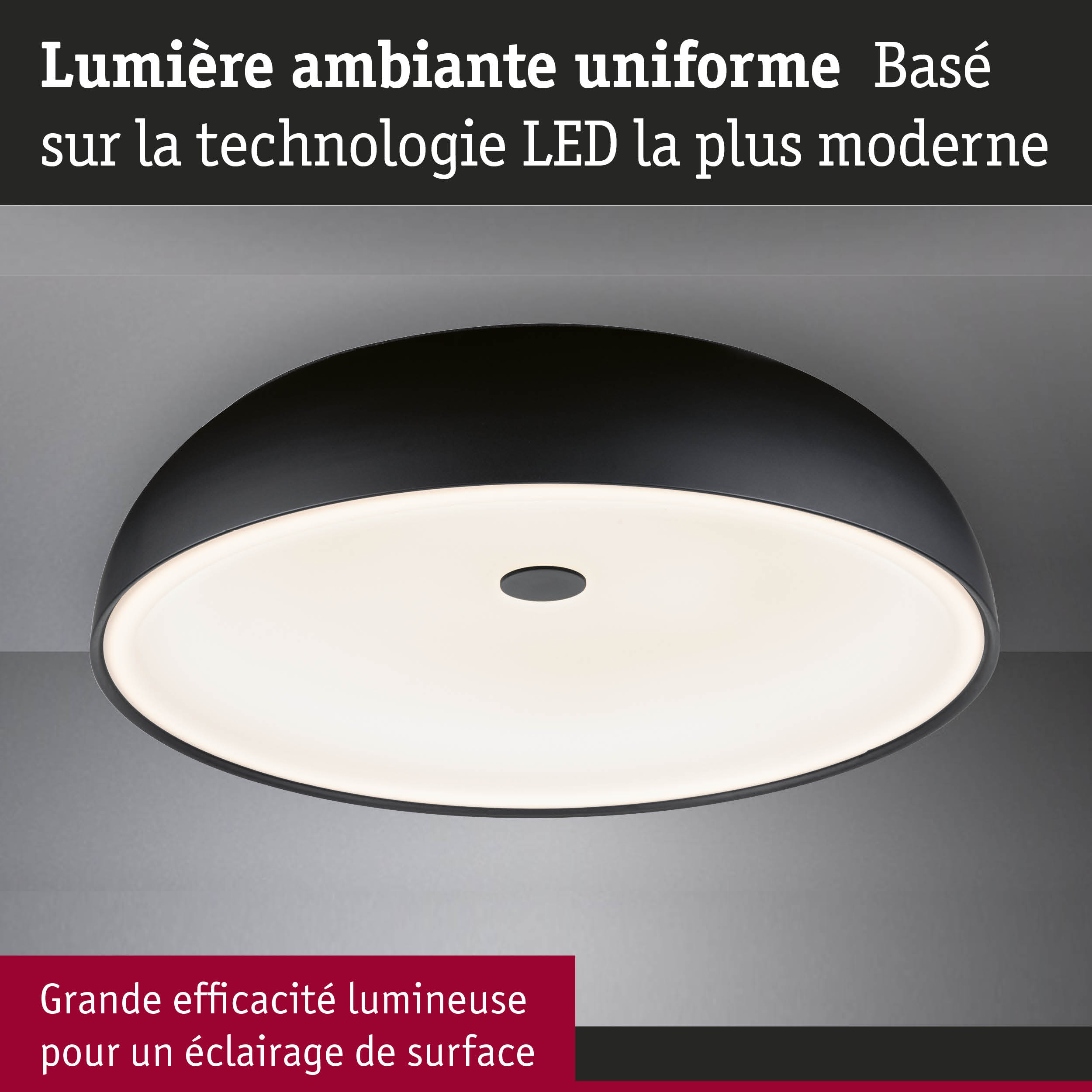 Plafonnier LED rond noir avec diffusion lumineuse uniforme pour un éclairage de surface efficace