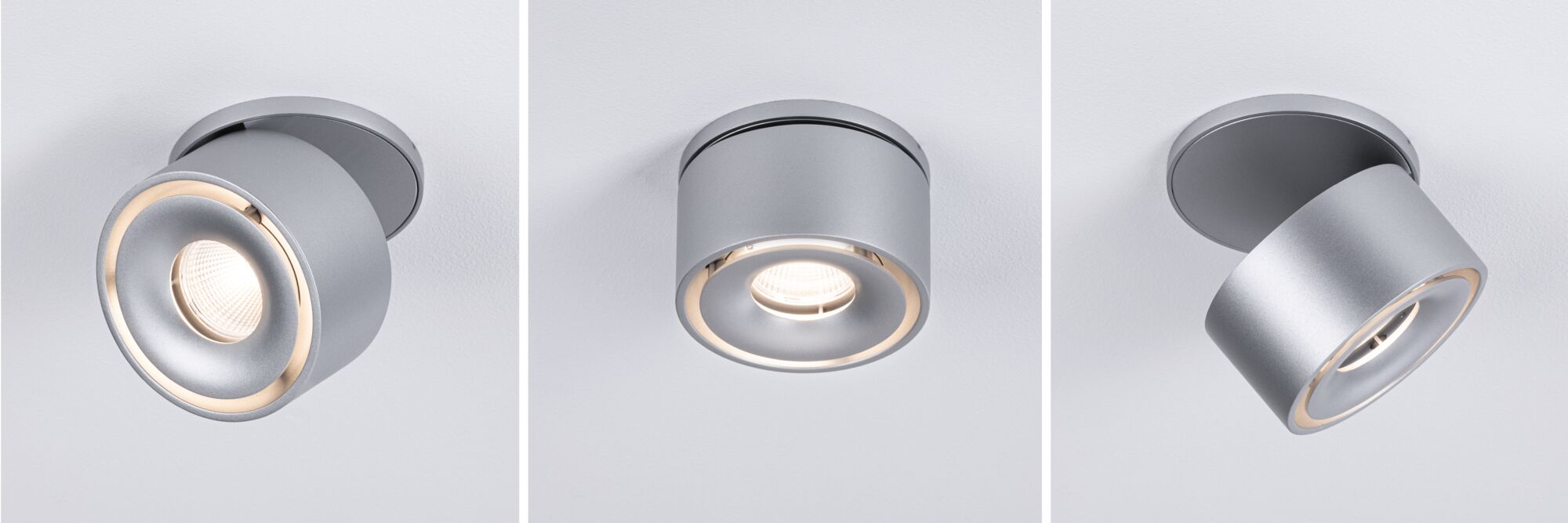 Modern silver metal LED ceiling spotlight with adjustable light angle for living spaces