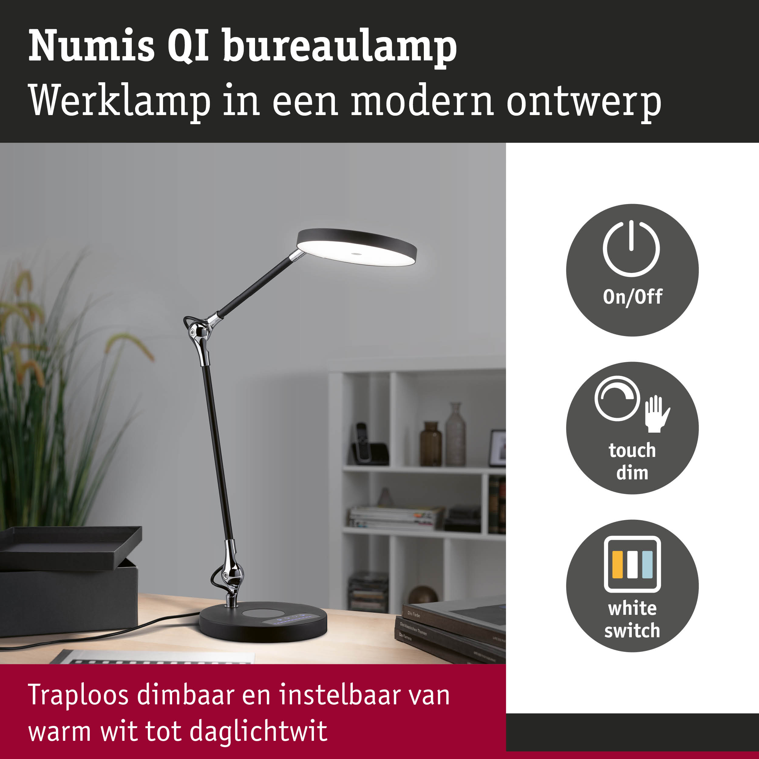Moderne zwarte LED-bureaulamp Numis QI met touchdimmer en witte schakelaar