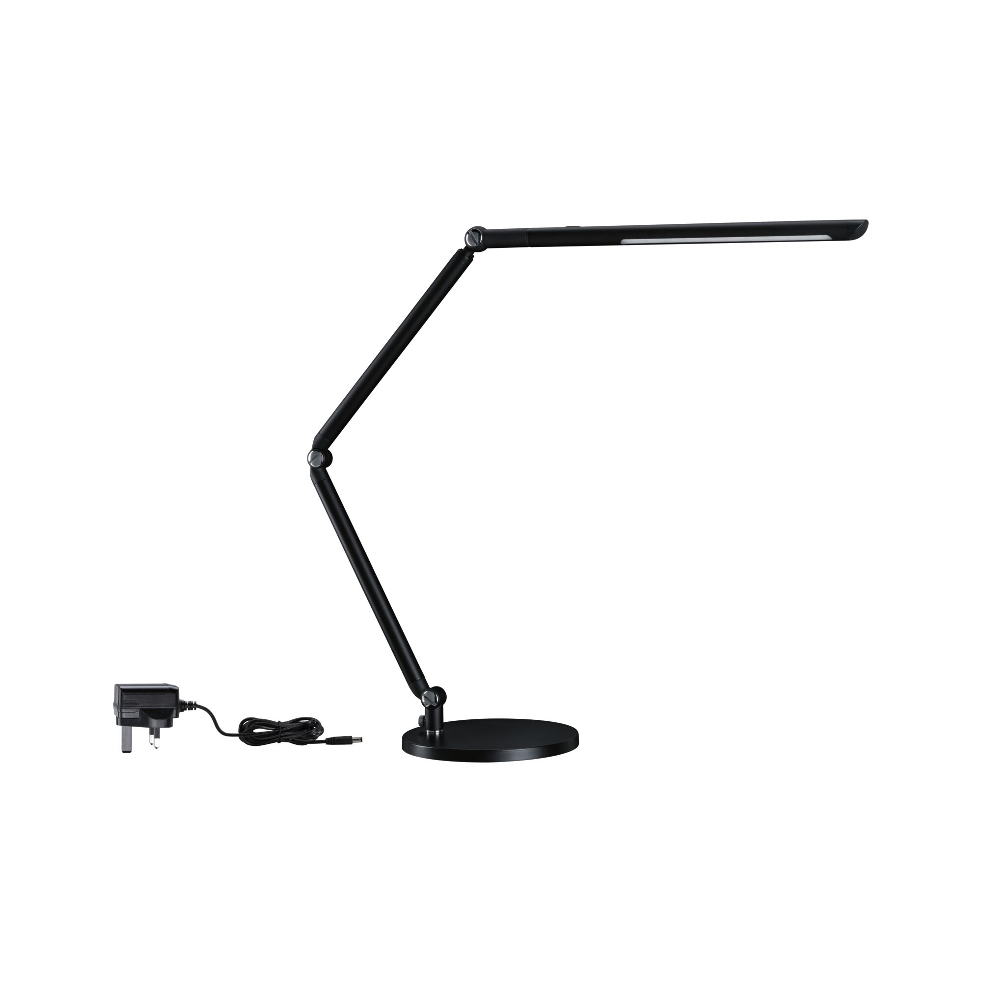 Black LED desk lamp with adjustable arm and round base, energy-saving table light for office use