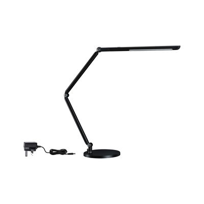 Black LED desk lamp with adjustable arm and round base, energy-saving table light for office use