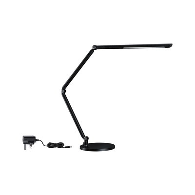 Black LED desk lamp with adjustable arm and round base, energy-saving table light for office use