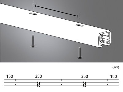 Technische tekening van wit aluminium profiel met schroeven en afmetingen in millimeters voor LED-verlichting.