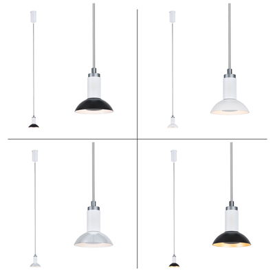 Four pendant lights with metal and glass shades in black, white, and chrome for modern interior lighting