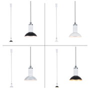 Four metal pendant lights in black, white and chrome with white cable for modern interior lighting