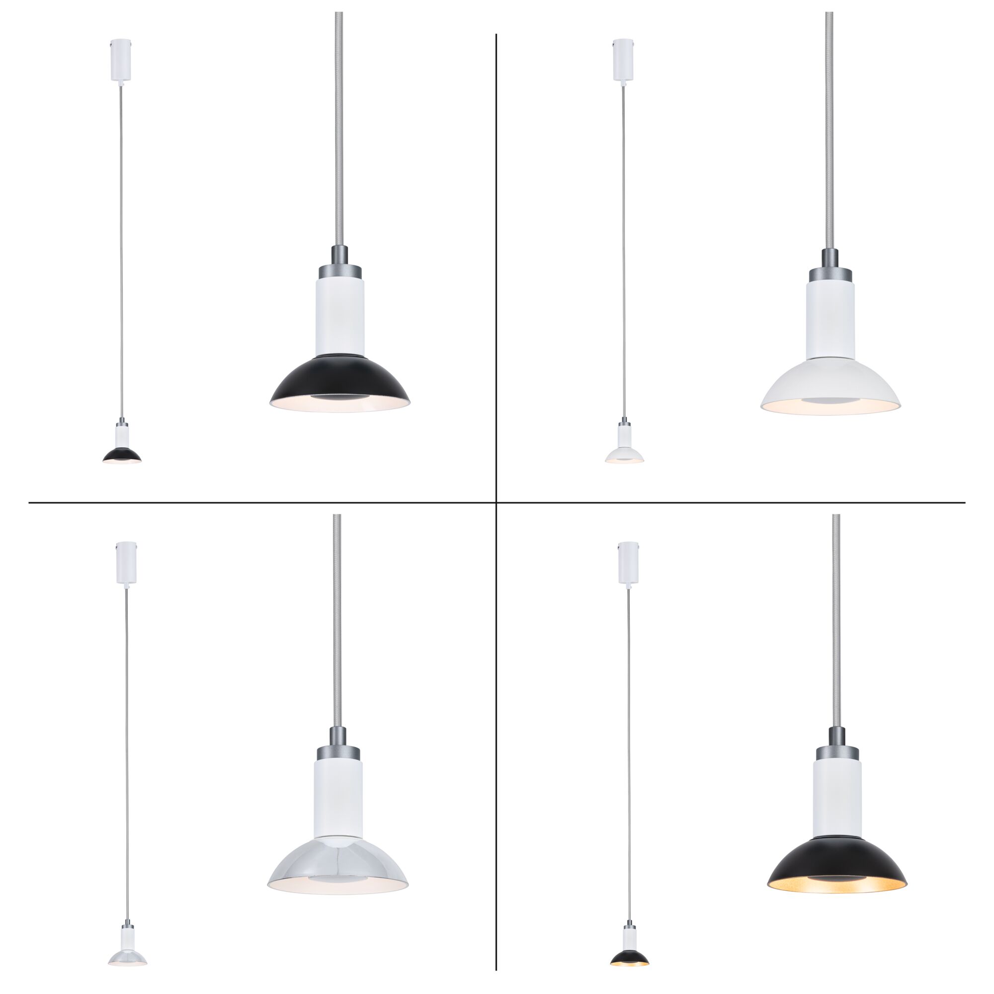 Four metal pendant lights in black, white and chrome with white cable for modern interior lighting