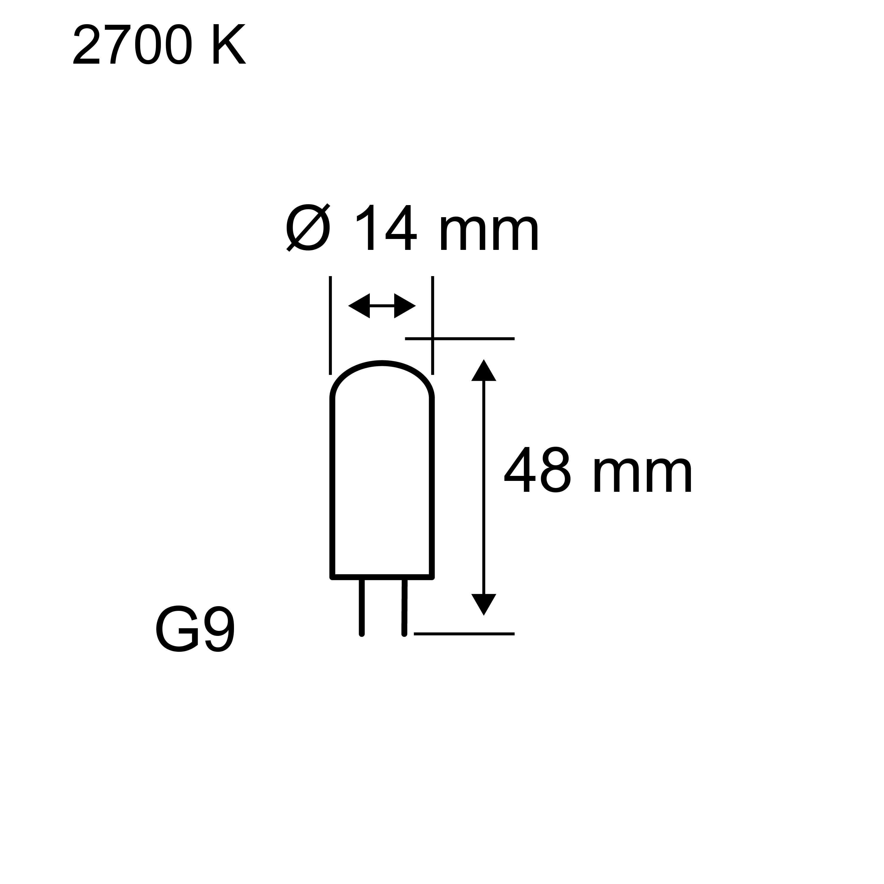 Technische tekening van een G9 LED-lamp met 14 mm diameter en 48 mm lengte, 2700 K kleurtemperatuur.
