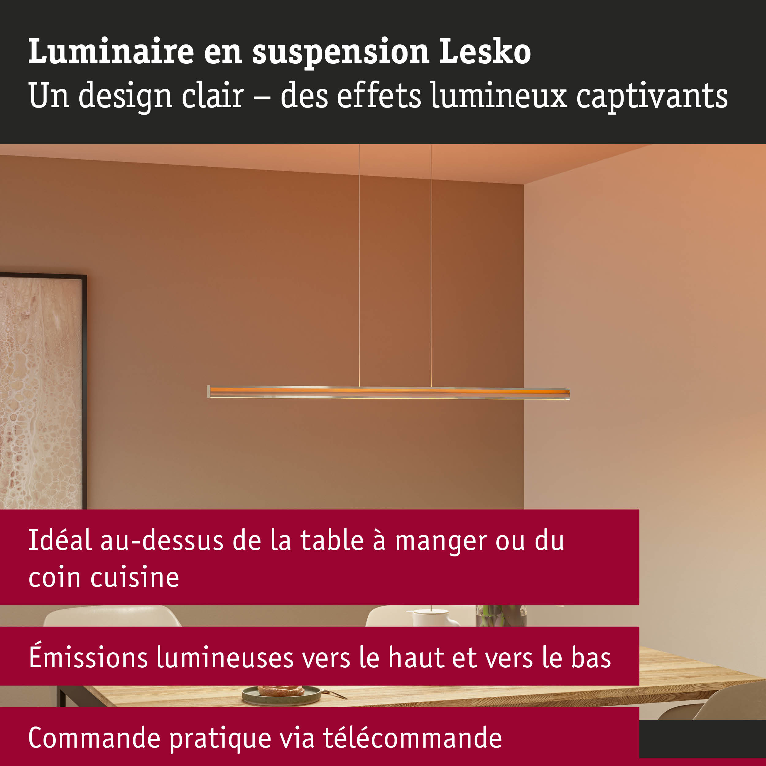 Luminaire suspendu Lesko en métal chaud au-dessus de la table à manger avec télécommande