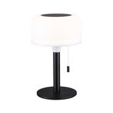Lampe de table moderne avec abat-jour en verre blanc et base en métal noir, interrupteur à tirette.