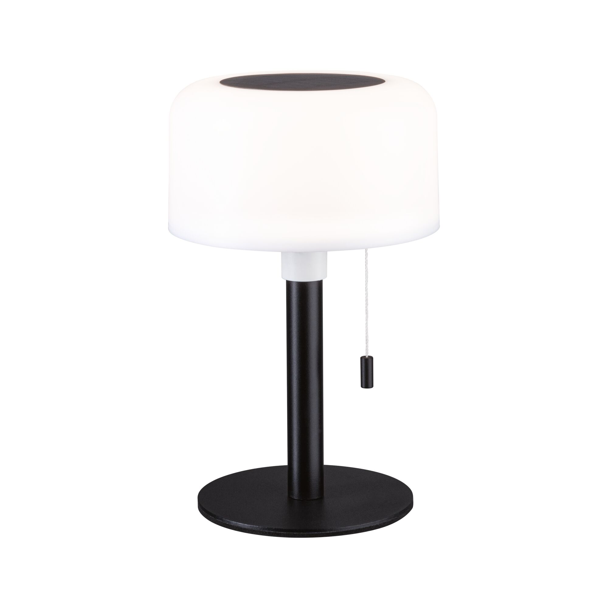 Solar Battery-Powered Luminaire Bartja IP44 dimmable 2700K Black Modern table lamp with white glass shade and black metal base, featuring pull switch for home lighting.