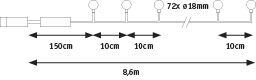 Technical drawing of an 8.6 m long light bar with five round light heads and measurements.