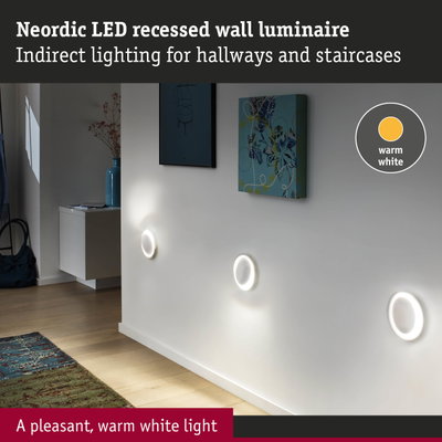 Neordic white LED recessed wall light with warm white glow for hallway and staircase lighting