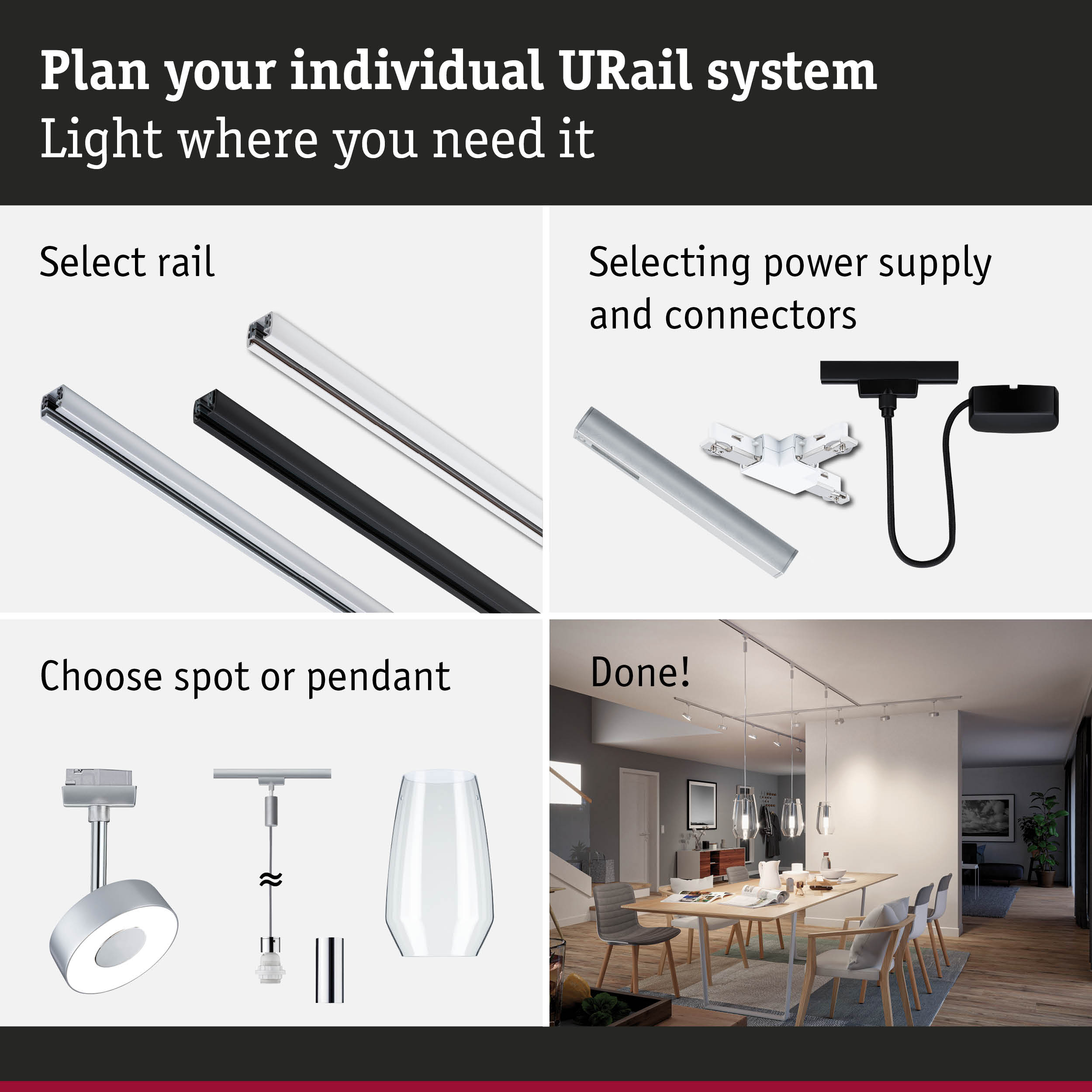Modular URail track system with rails, power supply, and spot or pendant lights for customizable lighting