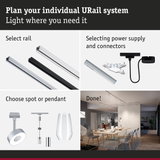 Modular URail track system with rails, power supply, and spot or pendant lights for customizable lighting