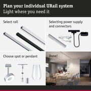Modular URail track system with rails, power supply, and spot or pendant lights for customizable lighting