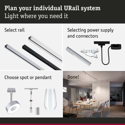Modular URail track system with rails, power supply, and spot or pendant lights for customizable lighting