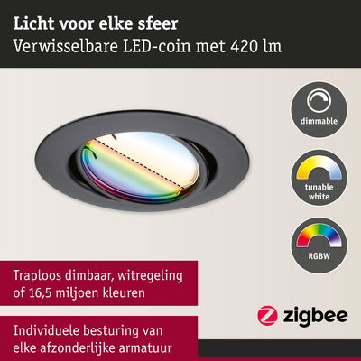 Zwarte LED-inbouwspot met dimbare RGBW-kleurregeling en instelbaar wit licht voor persoonlijke verlichting