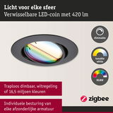 Zwarte LED-inbouwspot met dimbare RGBW-kleurregeling en instelbaar wit licht voor persoonlijke verlichting