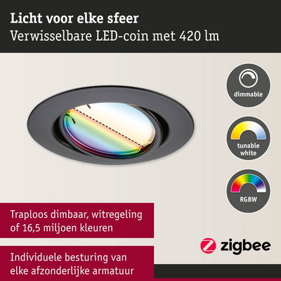 Zwarte LED-inbouwspot met dimbare RGBW-kleurregeling en instelbaar wit licht voor persoonlijke verlichting