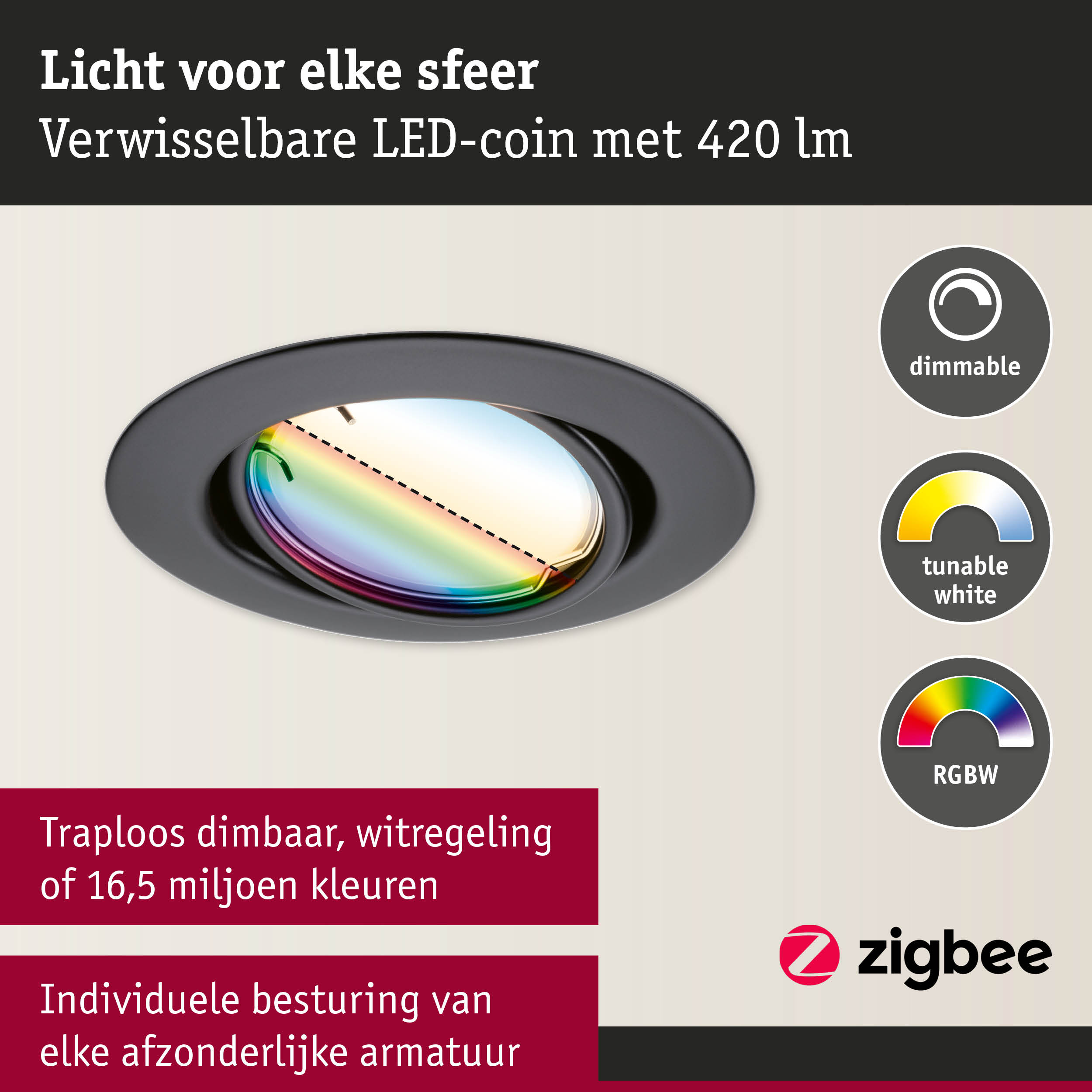 Zwarte inbouw LED-spot met verwisselbare LED-coin en dimbare RGBW-kleurregeling