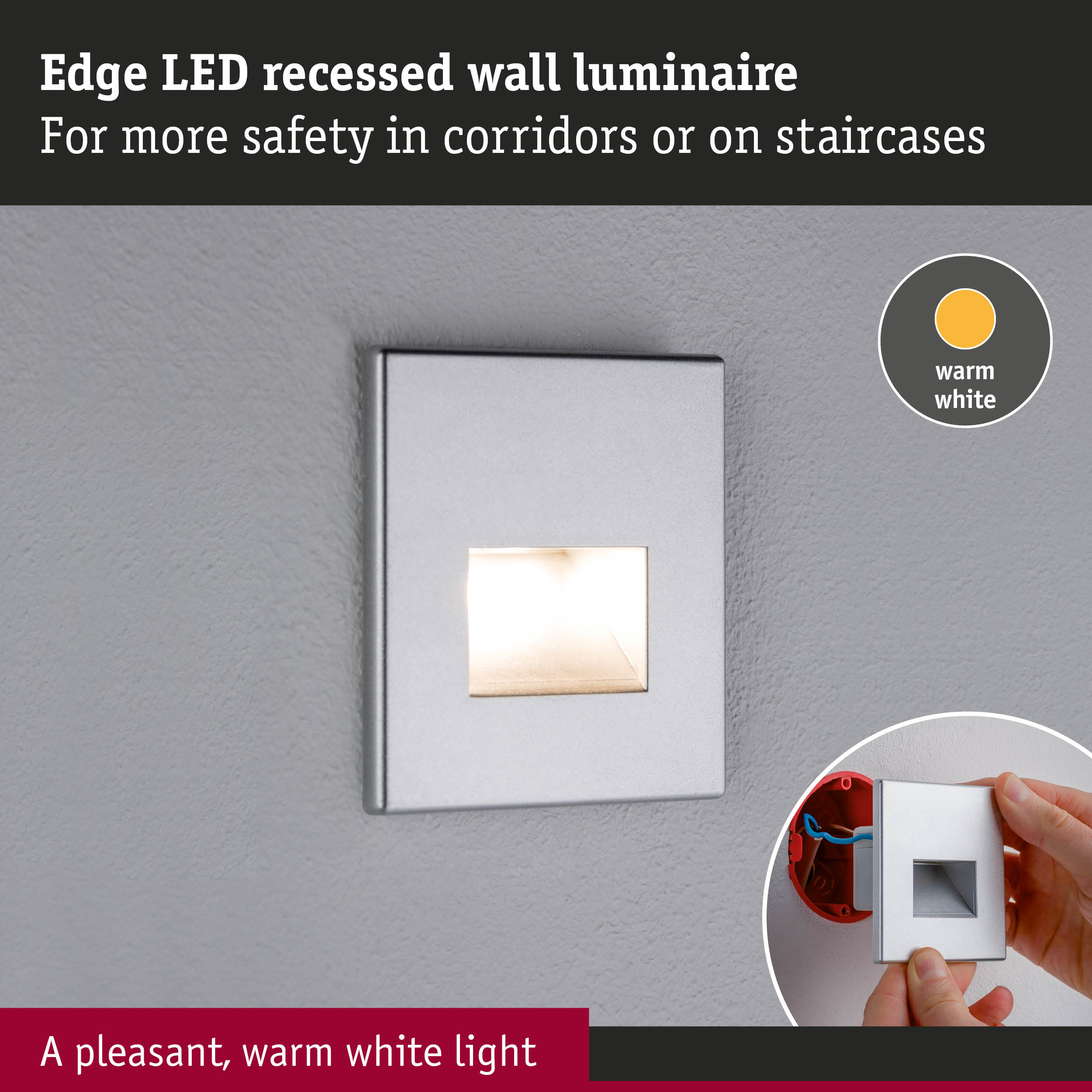 Edge silver recessed LED wall light with warm white illumination for corridors and staircases
