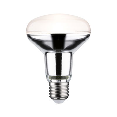 Reflector light bulb with E27 base made of glass and metal in silver and white for lighting