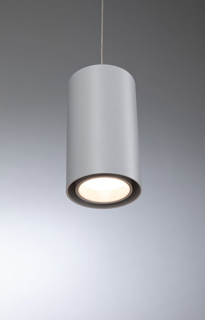 Moderner zylindrischer Deckenpendelleuchter aus mattem Aluminium in Grau mit warmweißem LED-Licht