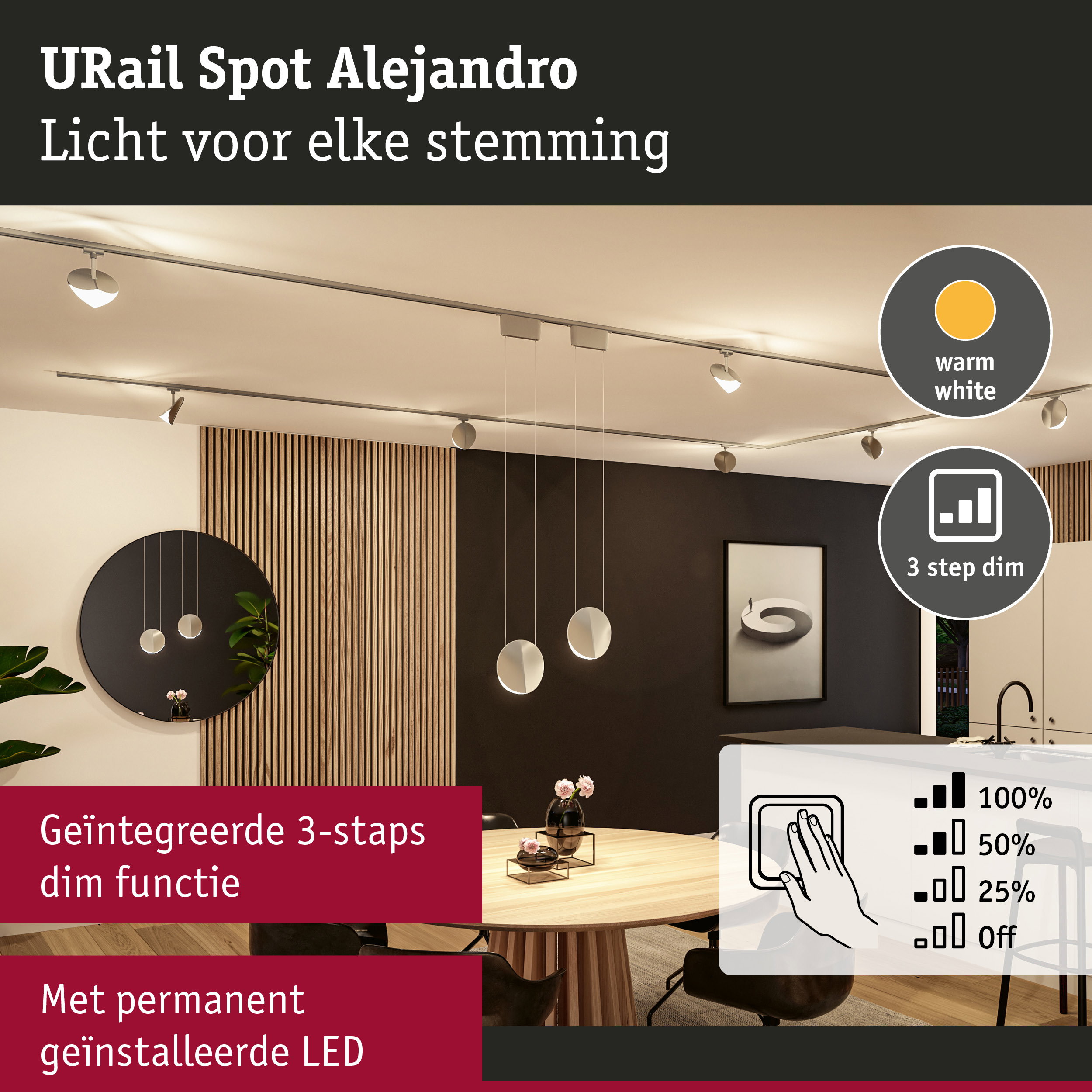 Moderne URail Spot Alejandro LED-plafondlamp in warm wit met 3-staps dimfunctie voor woonruimtes