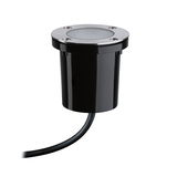 Round recessed floor spotlight in black plastic with stainless steel ring and cable for outdoor lighting