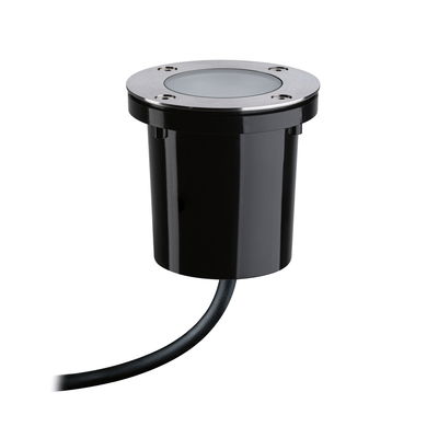 Round recessed floor spotlight in black plastic with stainless steel ring and cable for outdoor lighting