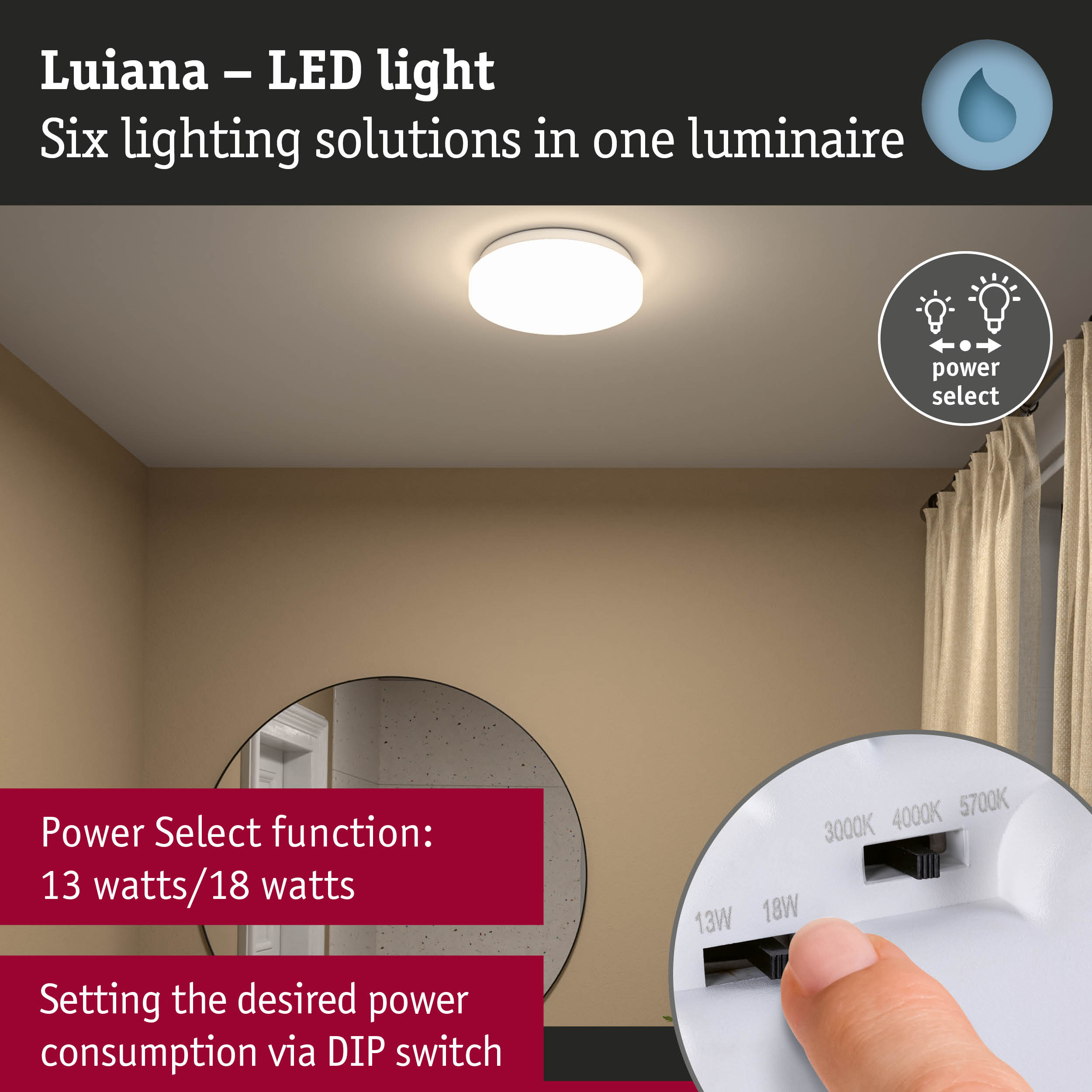 White Luiana LED ceiling light with Power Select function for 13 or 18 watts power consumption