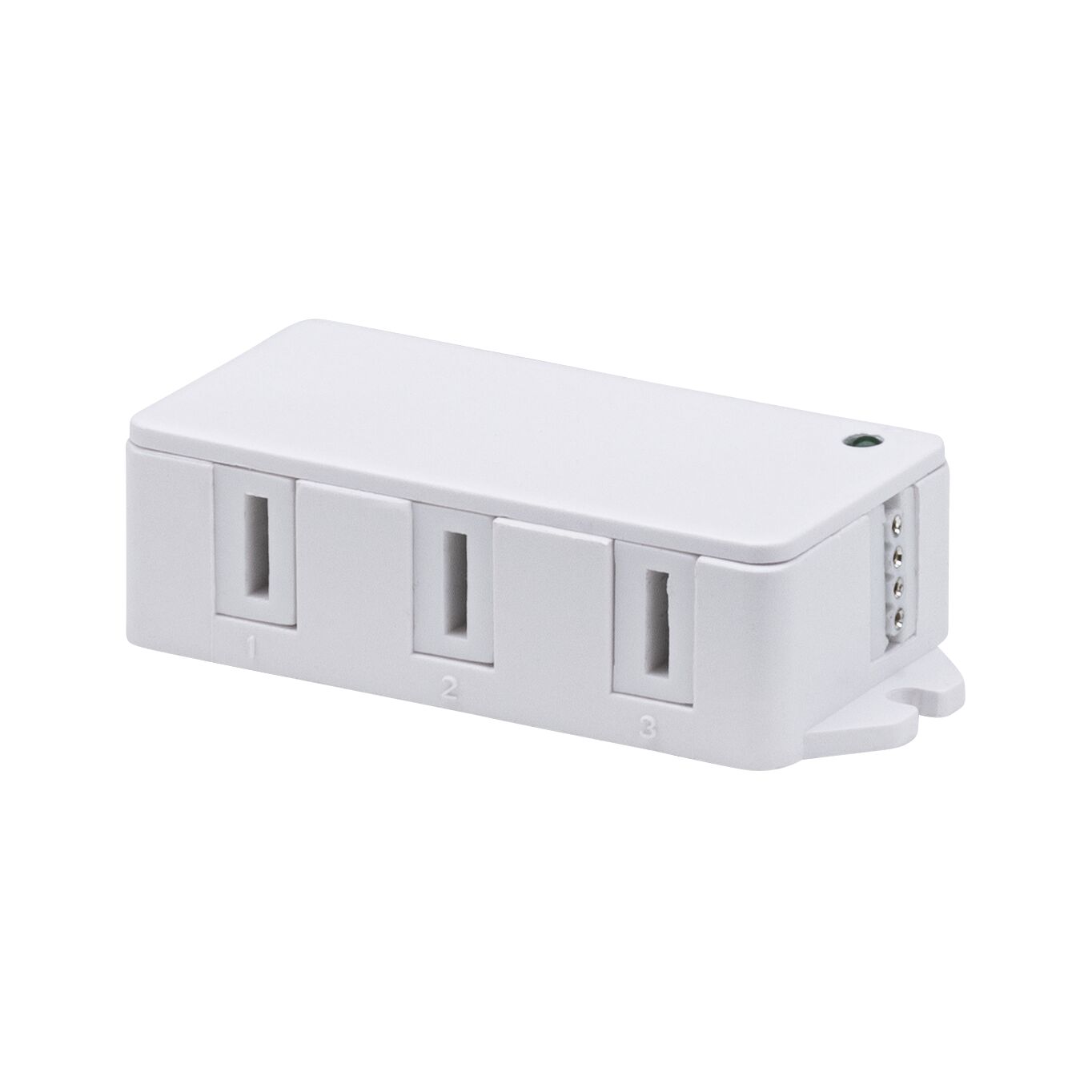 White plastic distribution box with three numbered slots for LED lighting systems connection