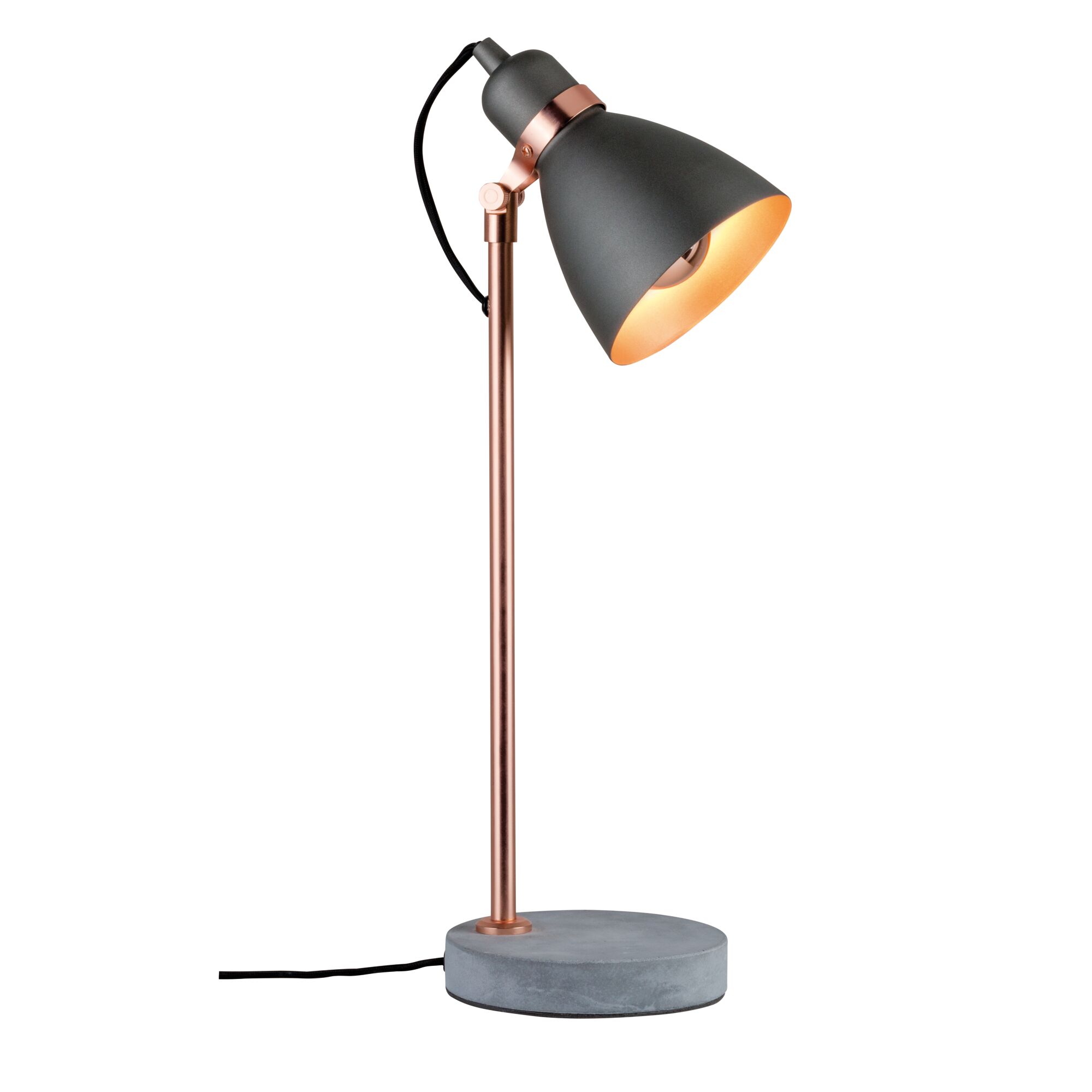 Moderne bureaulamp met grijze betonnen voet en koperen metalen frame voor stijlvolle verlichting.