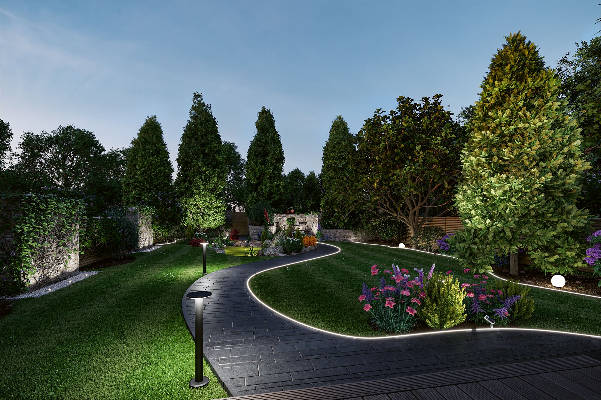 Verlichte tuinpad met LED-paalverlichting en planten, moderne buitenruimte met sfeerverlichting