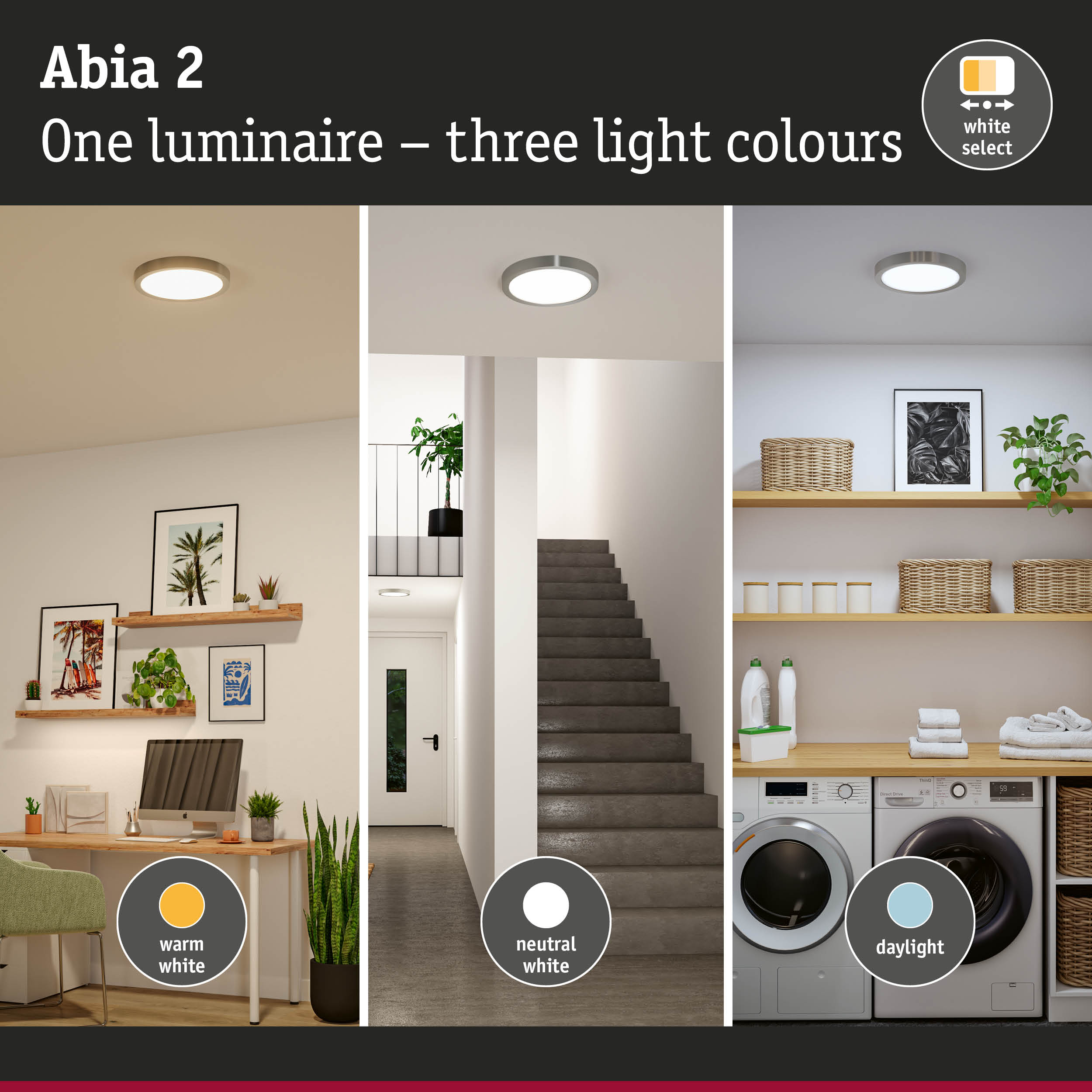 Abia 2 ceiling light with three selectable light colours warm white, neutral white, and daylight