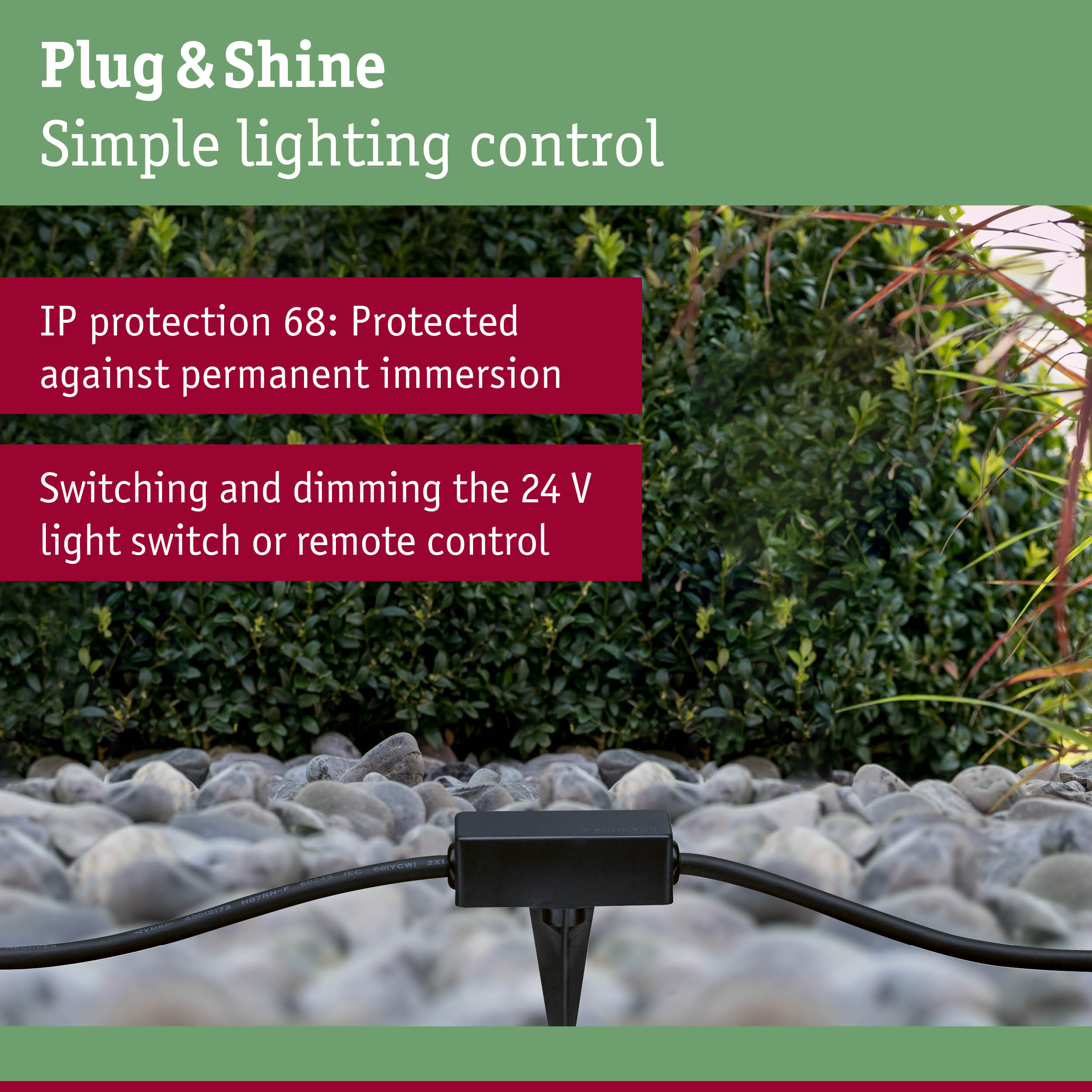 Black Plug & Shine connector with IP68 protection on gravel for simple outdoor lighting control